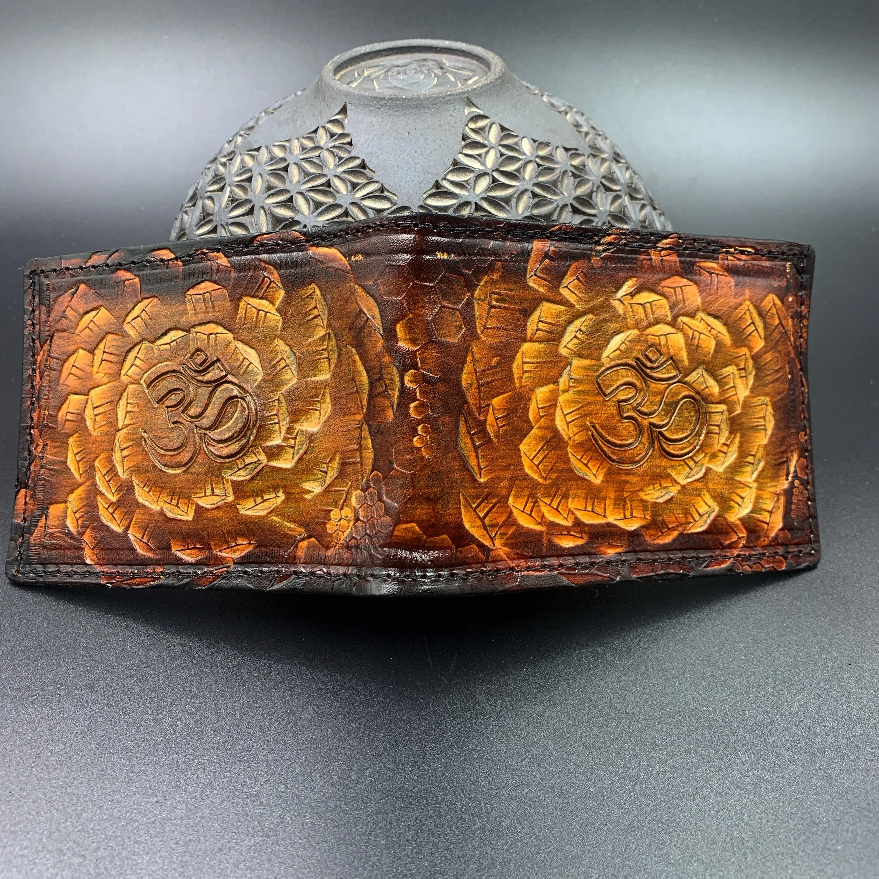Stamped Leather Bifold Wallet - Crystals, Feathers, and Geometry