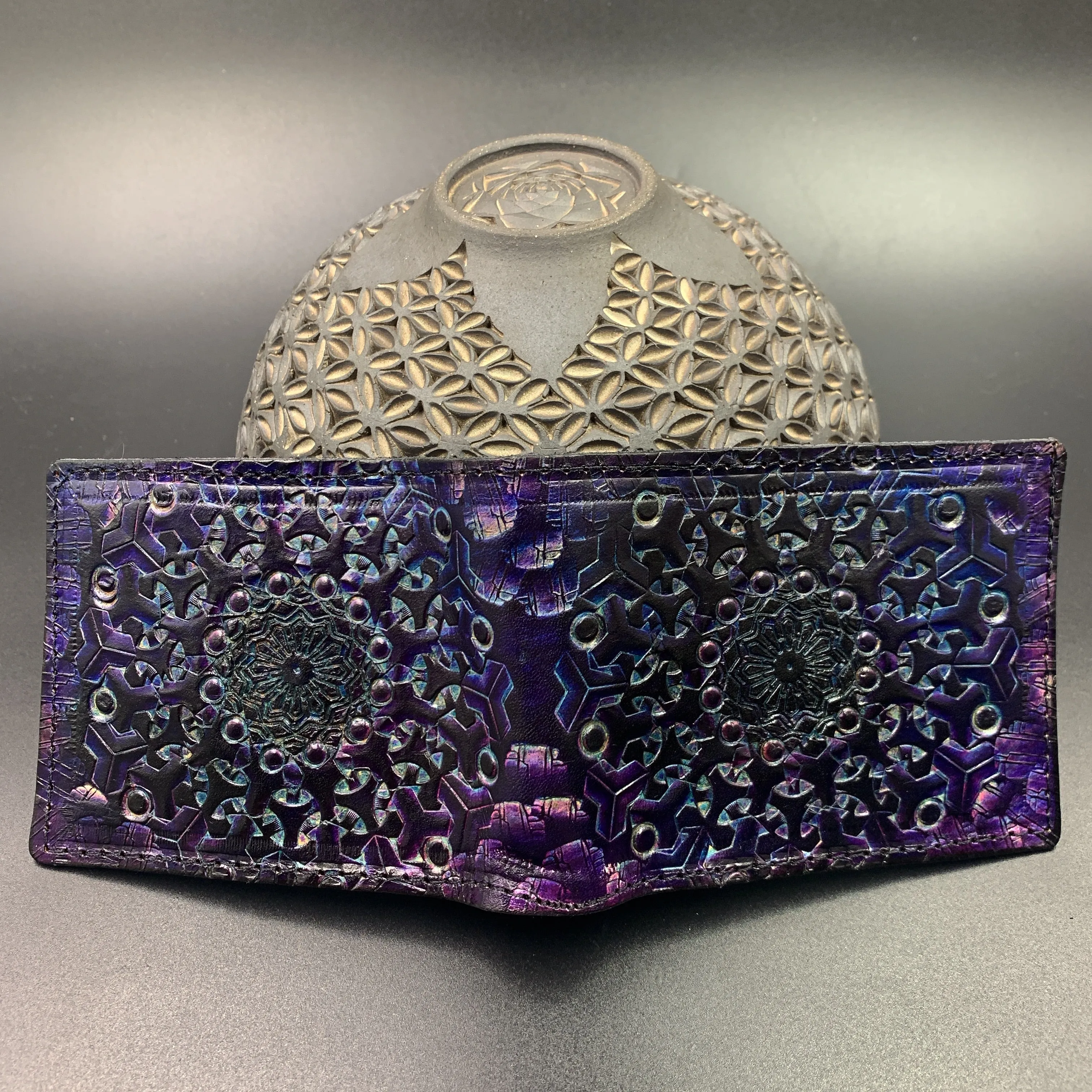 Stamped Leather Bifold Wallet - Crystals, Feathers, and Geometry