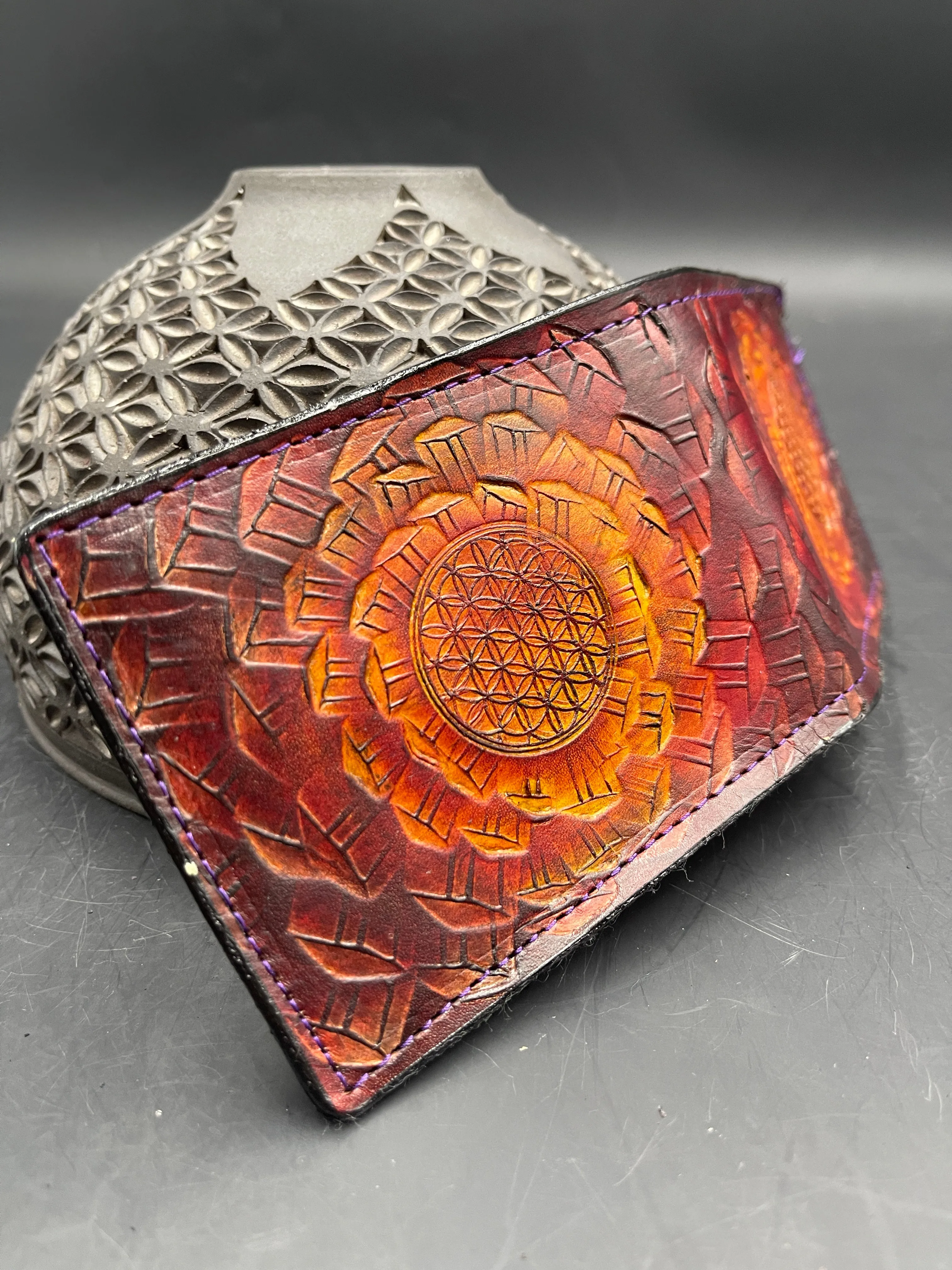 Stamped Leather Bifold Wallet - Crystals, Feathers, and Geometry