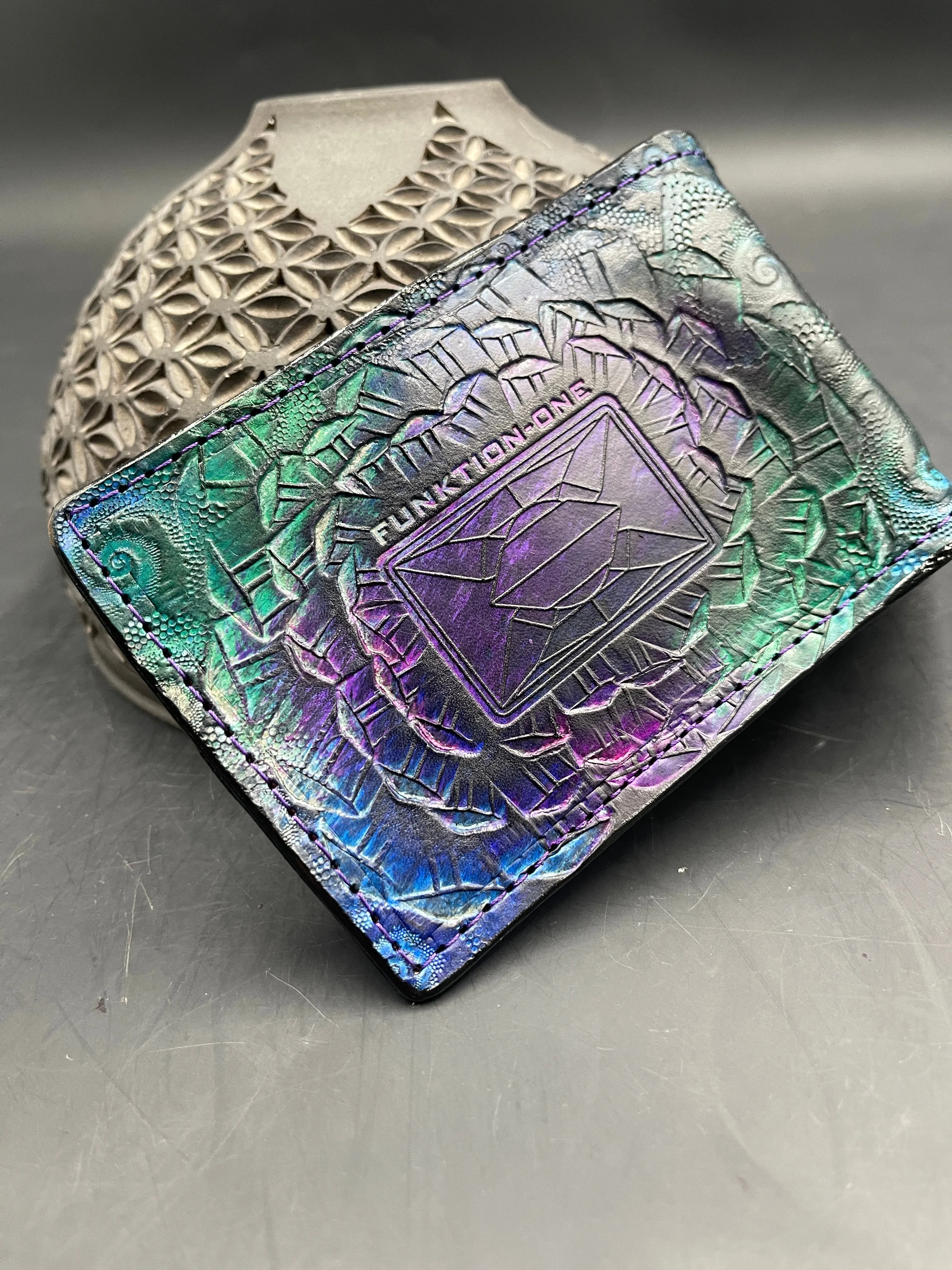 Stamped Leather Bifold Wallet - Crystals, Feathers, and Geometry