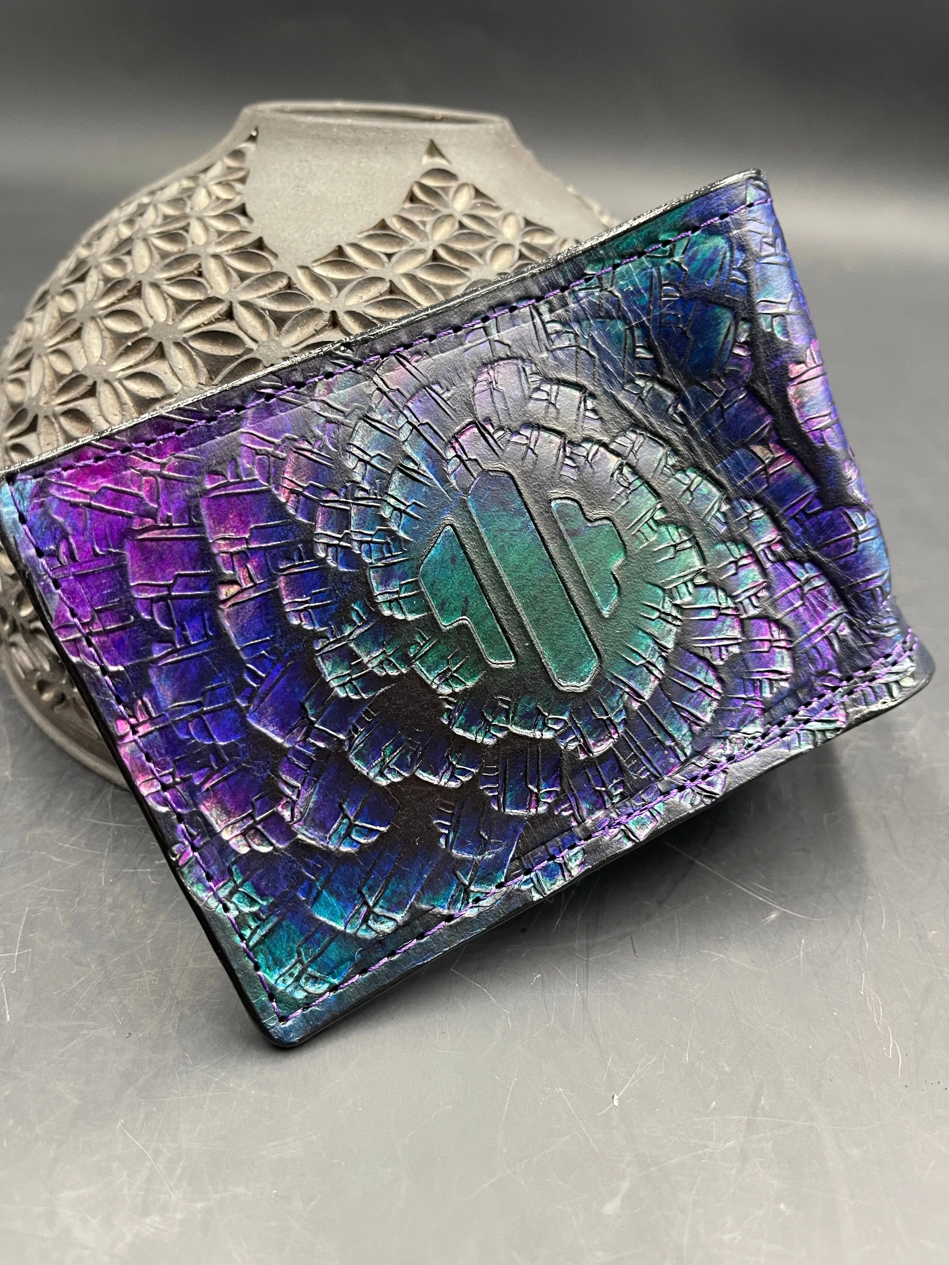 Stamped Leather Bifold Wallet - Crystals, Feathers, and Geometry