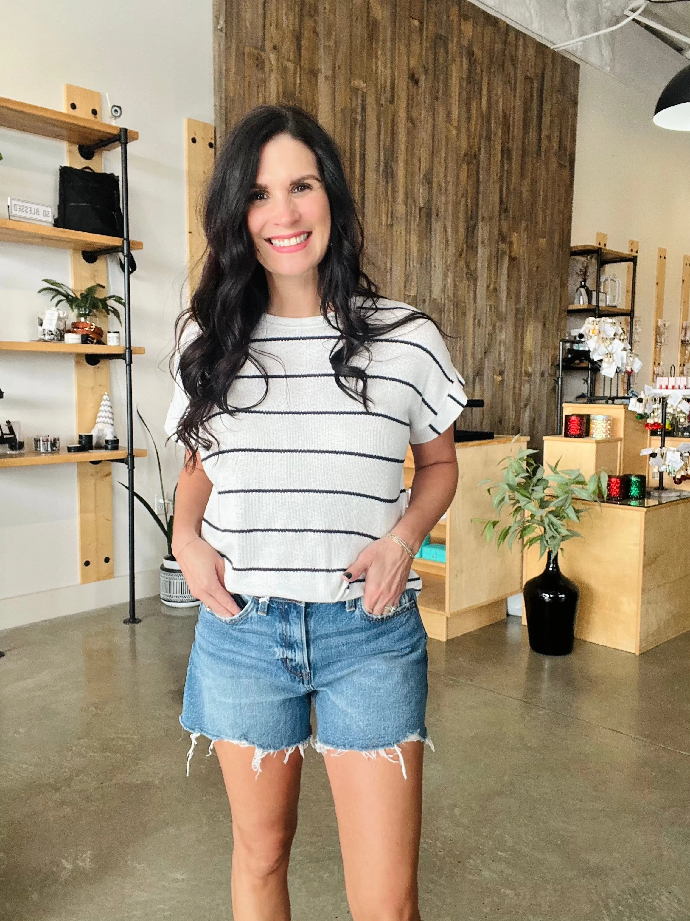 Stripe Cuff Sleeve Knit Top - Ivory