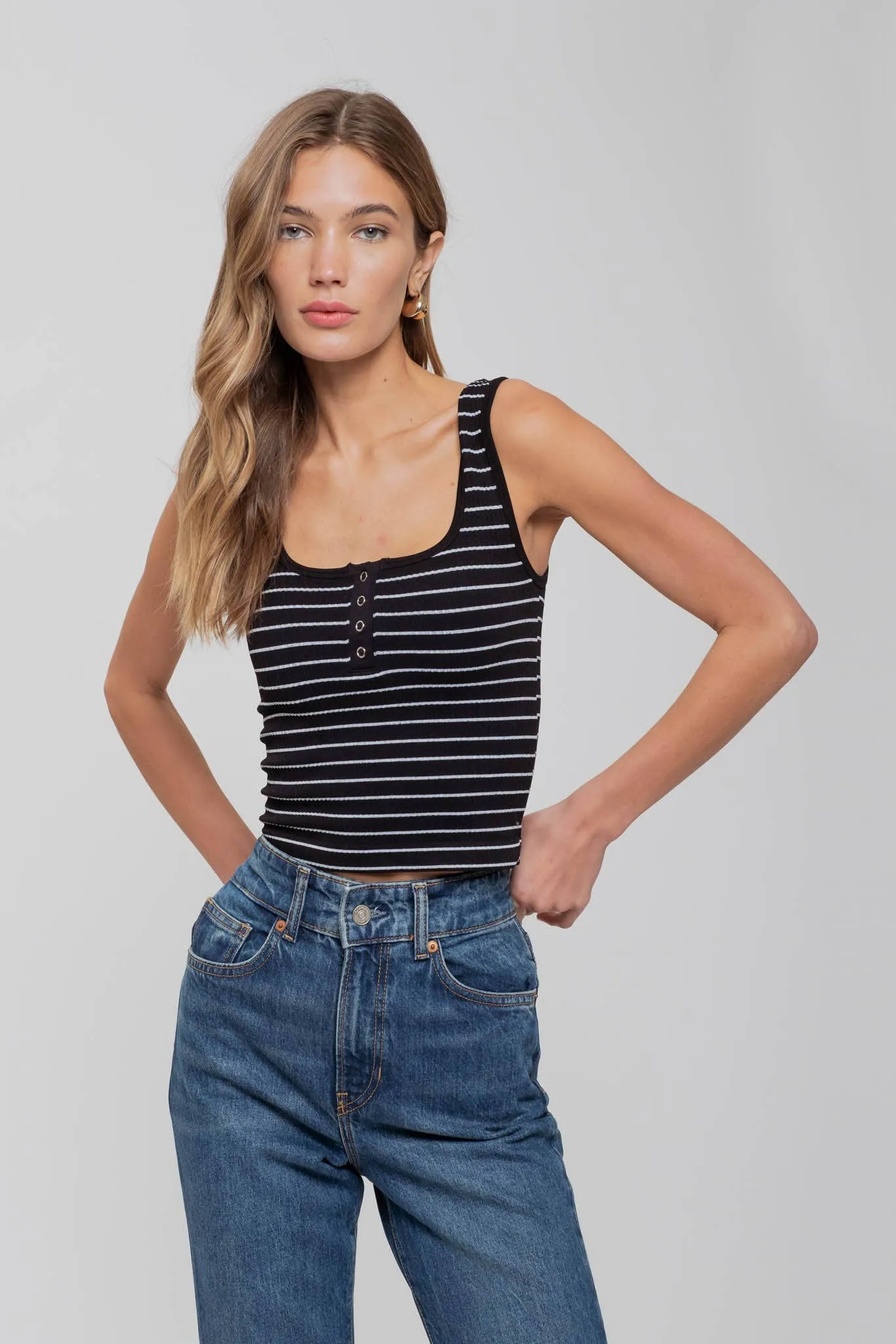 STRIPED SCOOP NECK HENLEY RIB KNIT TANK TOP