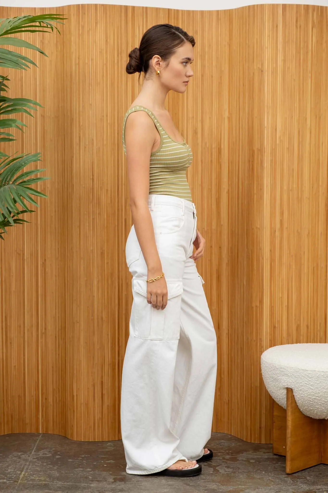 STRIPED SCOOP NECK HENLEY RIB KNIT TANK TOP