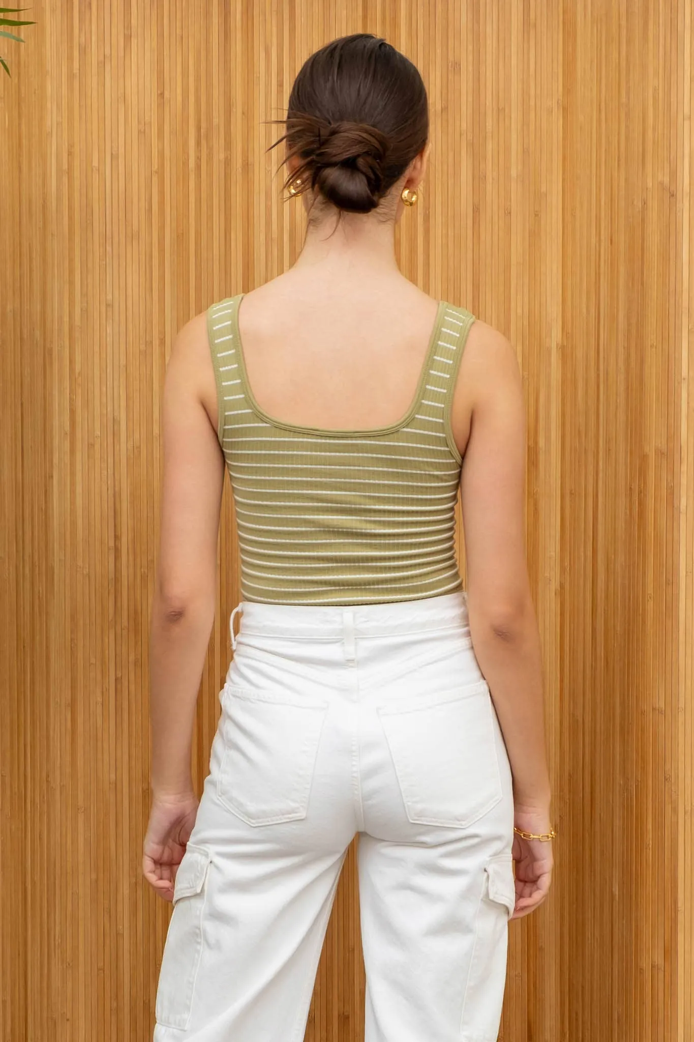 STRIPED SCOOP NECK HENLEY RIB KNIT TANK TOP