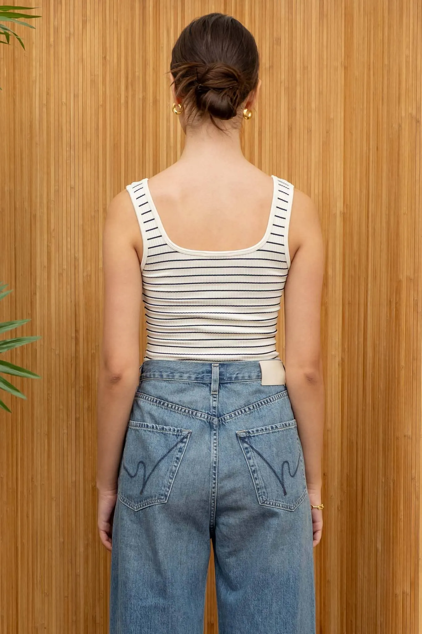 STRIPED SCOOP NECK HENLEY RIB KNIT TANK TOP