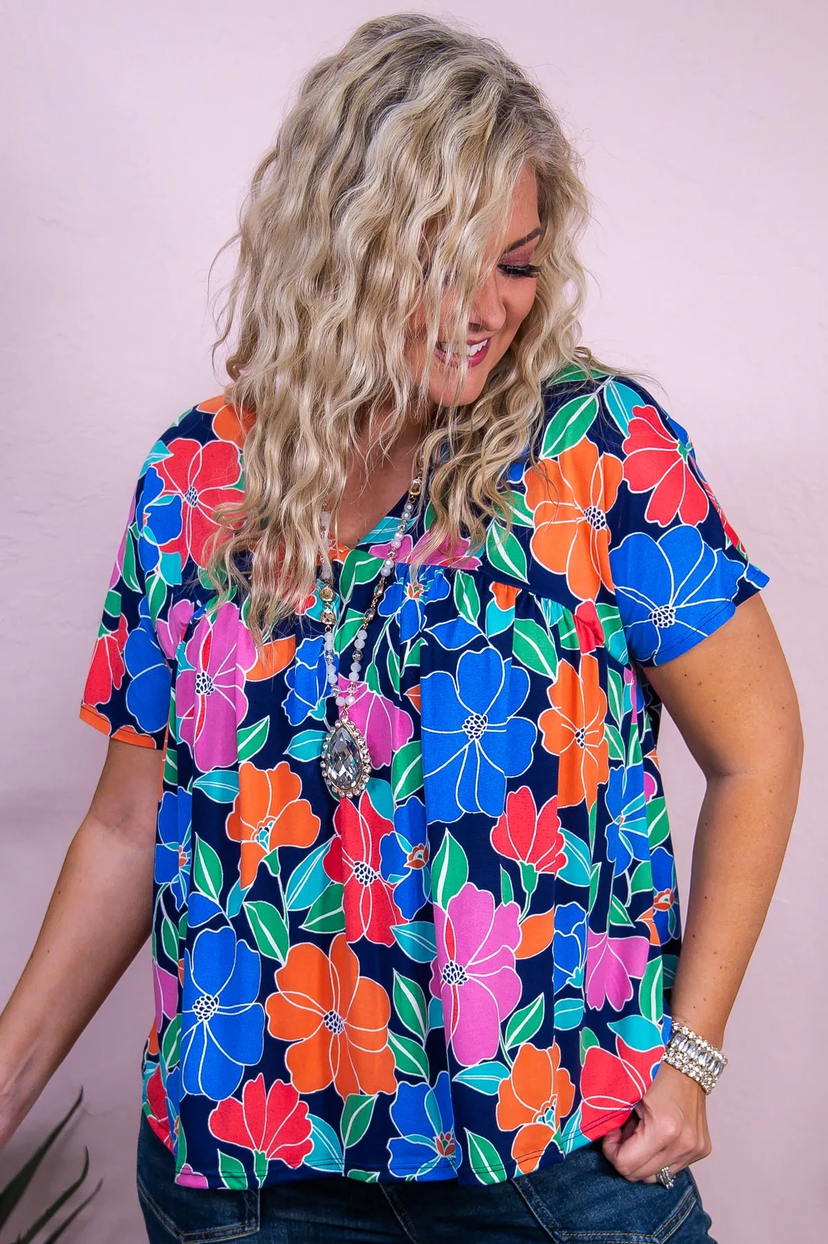 Sunlit Days Navy/Multi Color Floral Babydoll Top - T9934NV