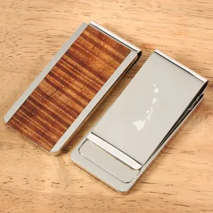Supper Curly Hawaiian Koa Wood Inlaid Stainless Steel Made Money Clip