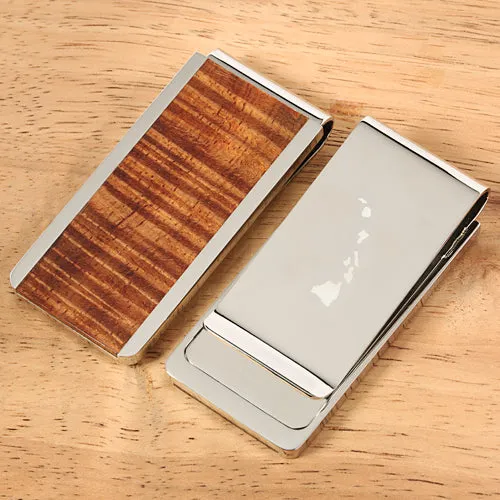 Supper Curly Hawaiian Koa Wood Inlaid Stainless Steel Made Money Clip
