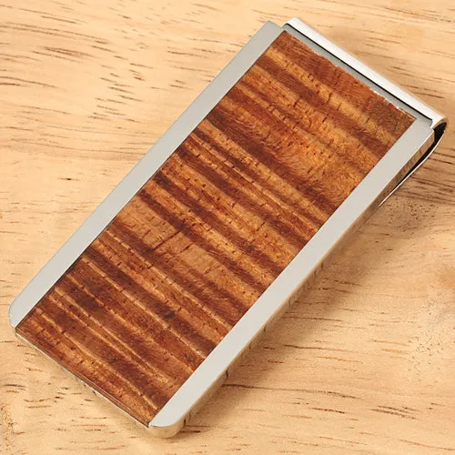 Supper Curly Hawaiian Koa Wood Inlaid Stainless Steel Made Money Clip