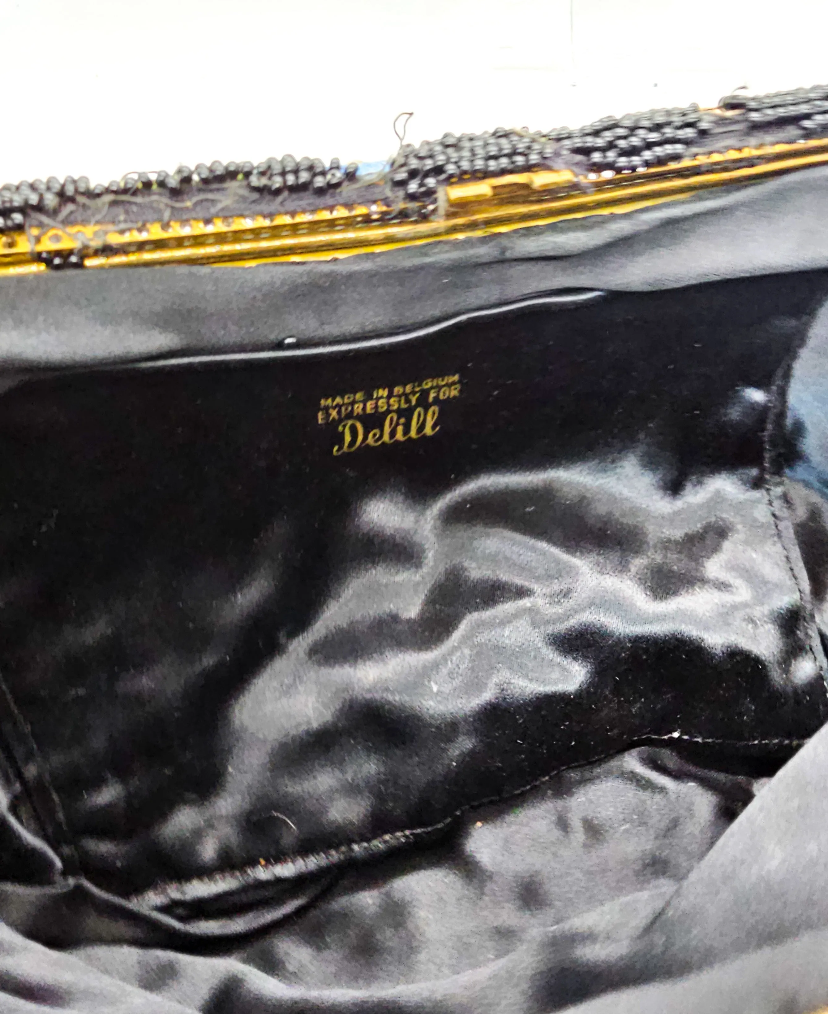 Tambour embroidered Belgium black beaded flower clutch purse