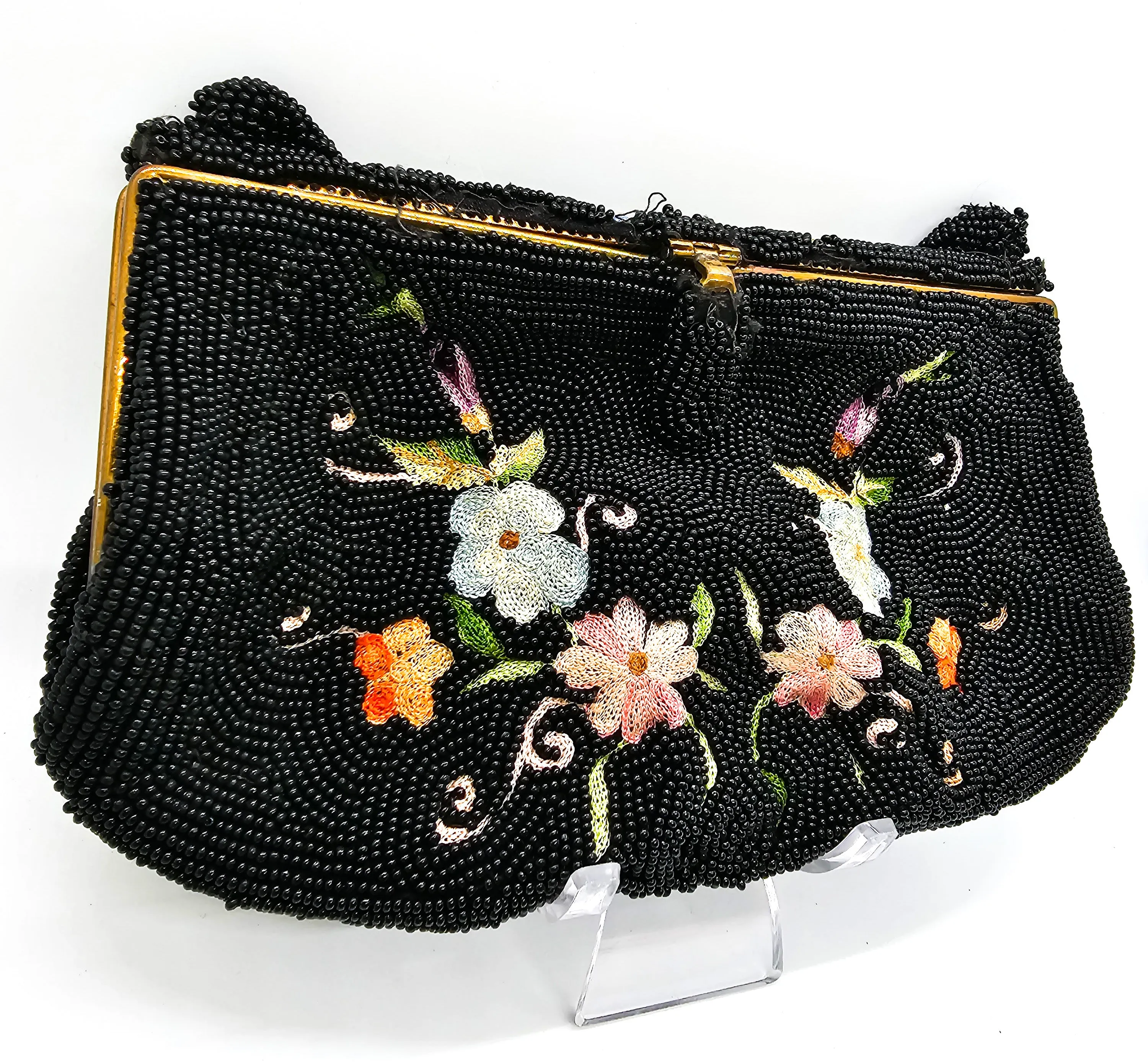 Tambour embroidered Belgium black beaded flower clutch purse