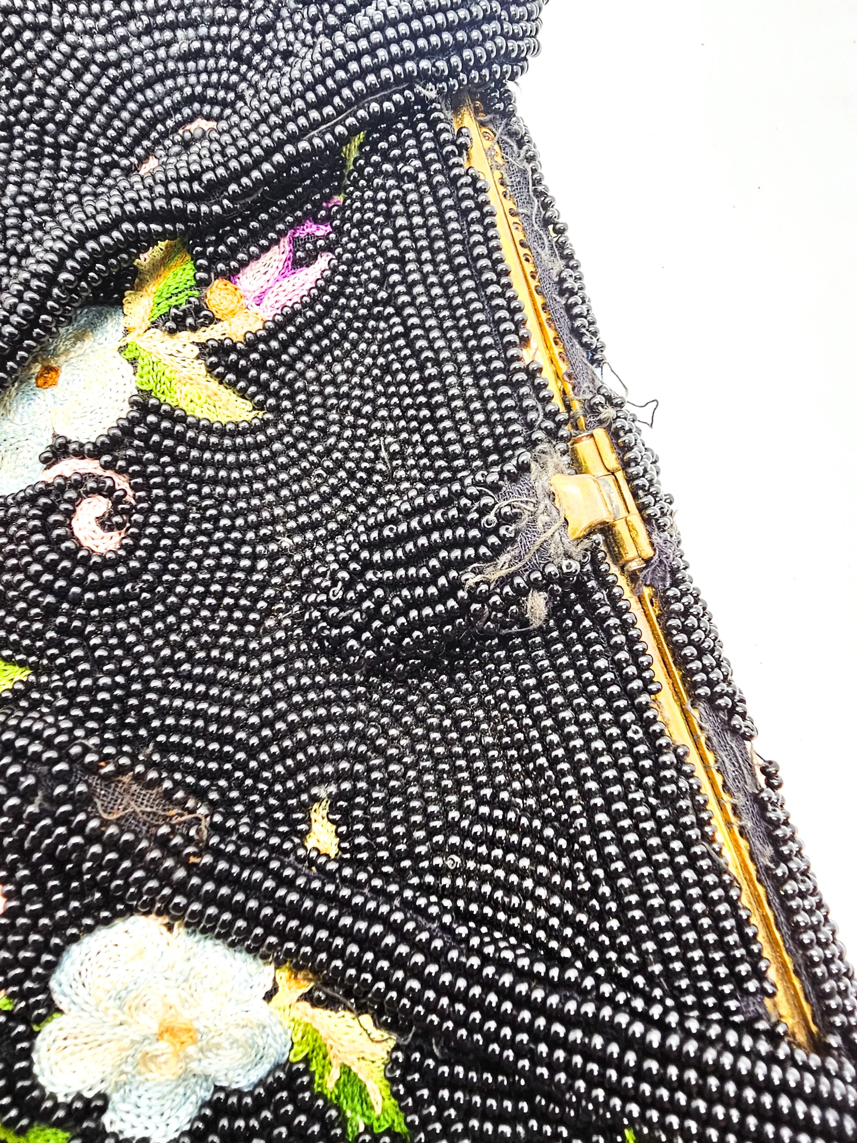 Tambour embroidered Belgium black beaded flower clutch purse