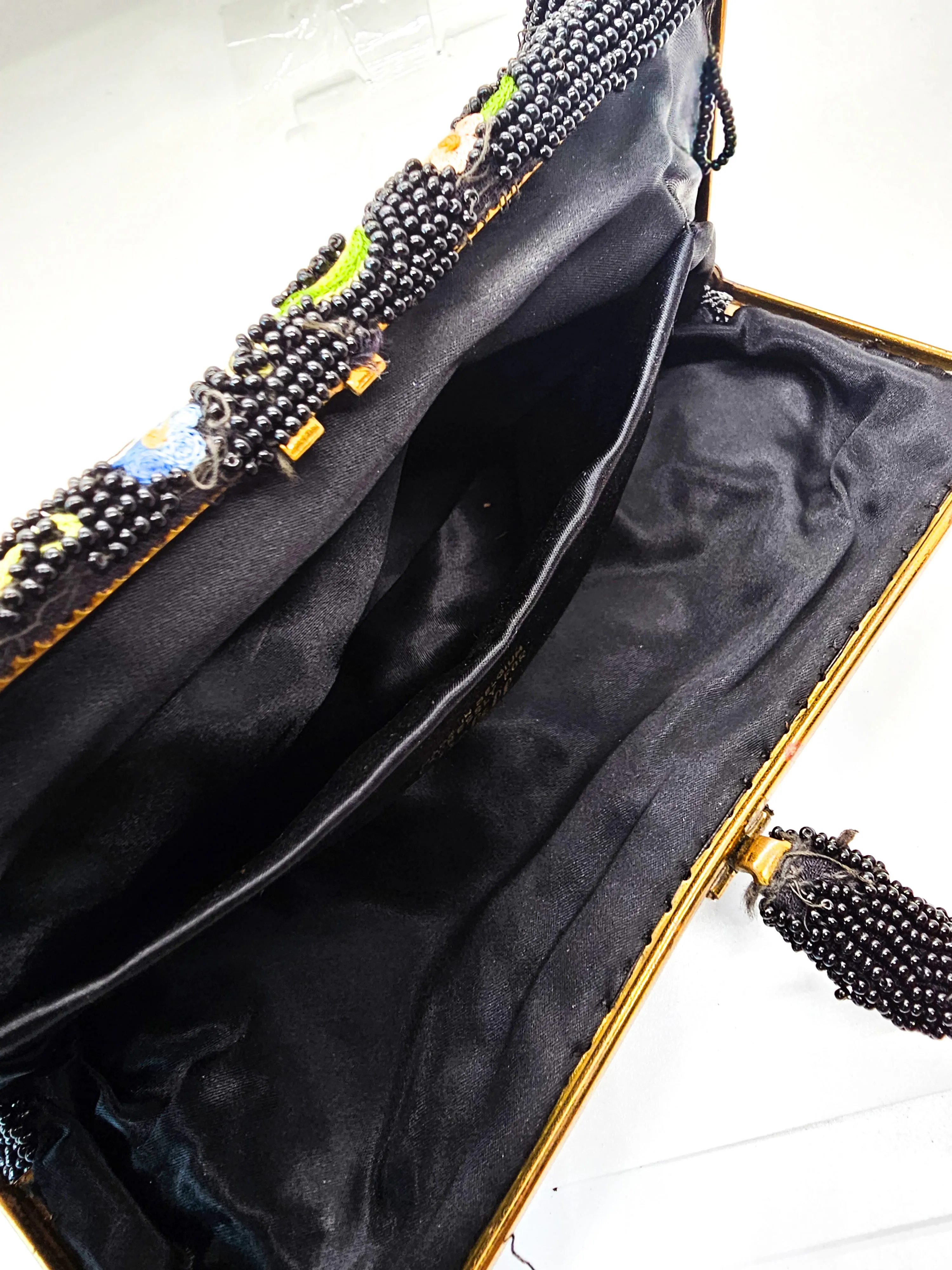 Tambour embroidered Belgium black beaded flower clutch purse