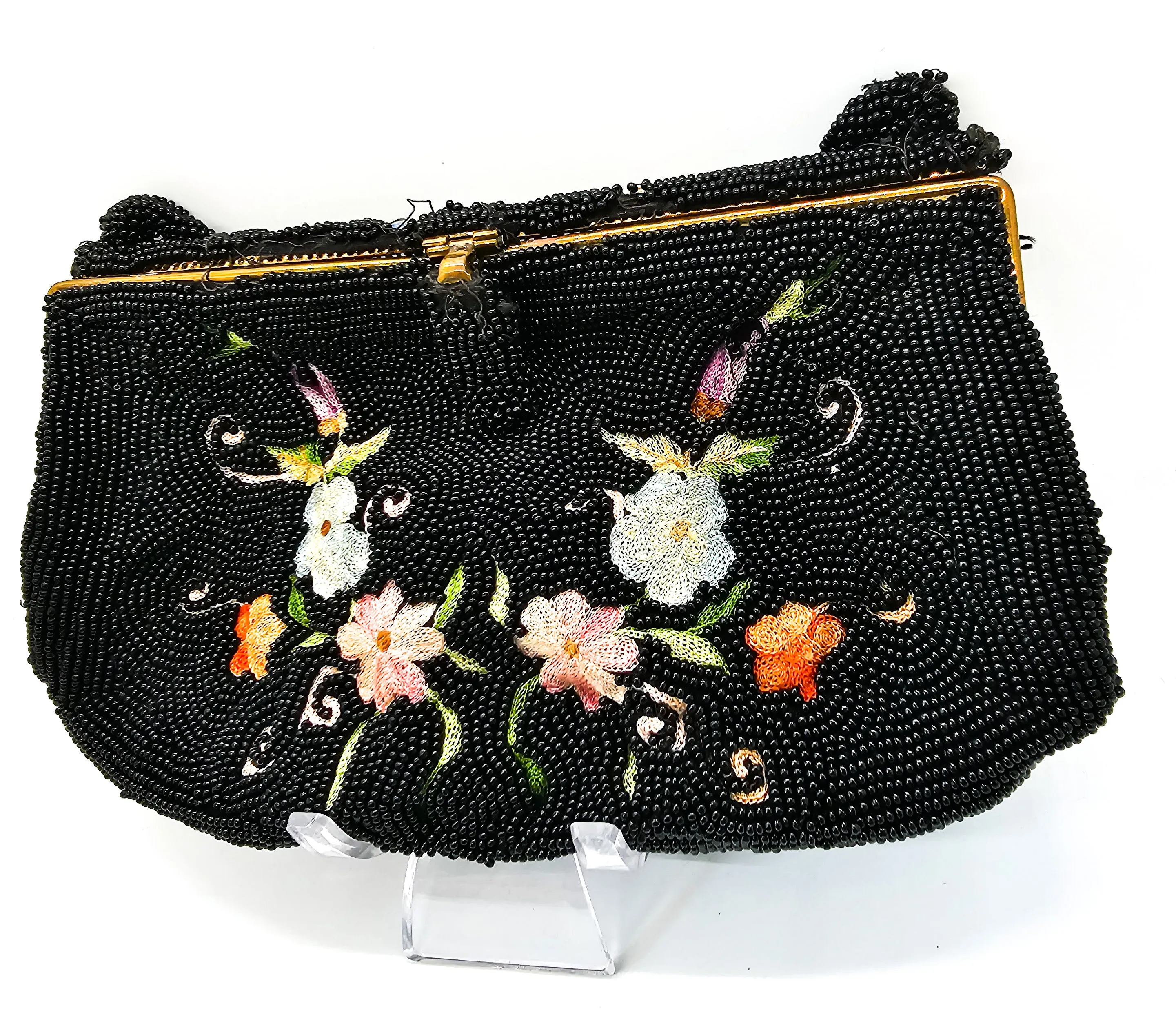 Tambour embroidered Belgium black beaded flower clutch purse