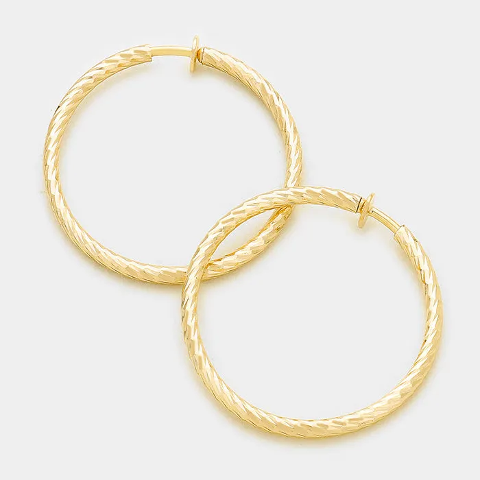 Textured Gold CLIP ON Hoop Earrings | 2.25" | 142470