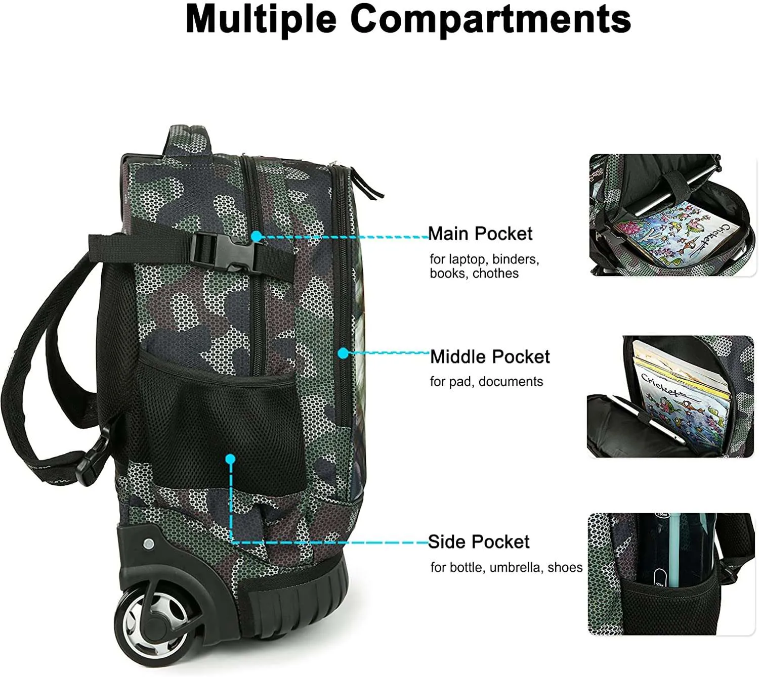 Tilami Green Wolf 18 inch Kids Rolling Backpack Laptop Backpack
