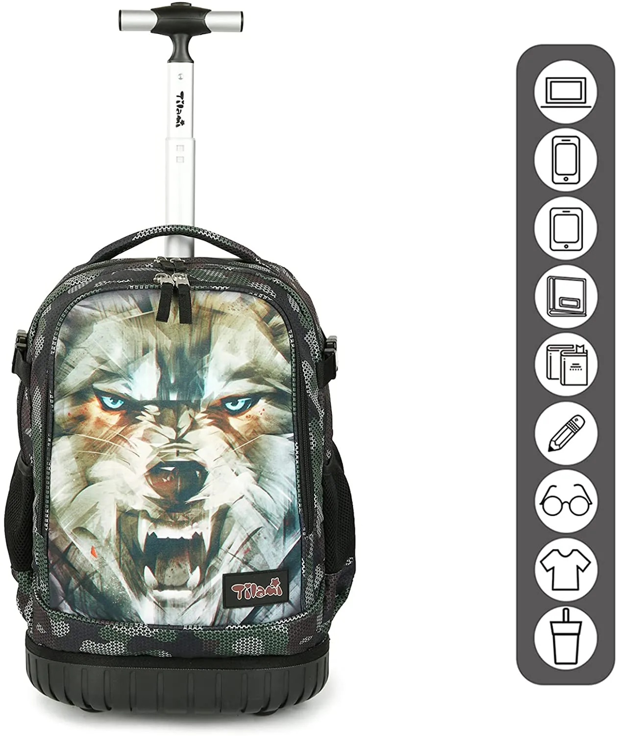Tilami Green Wolf 18 inch Kids Rolling Backpack Laptop Backpack