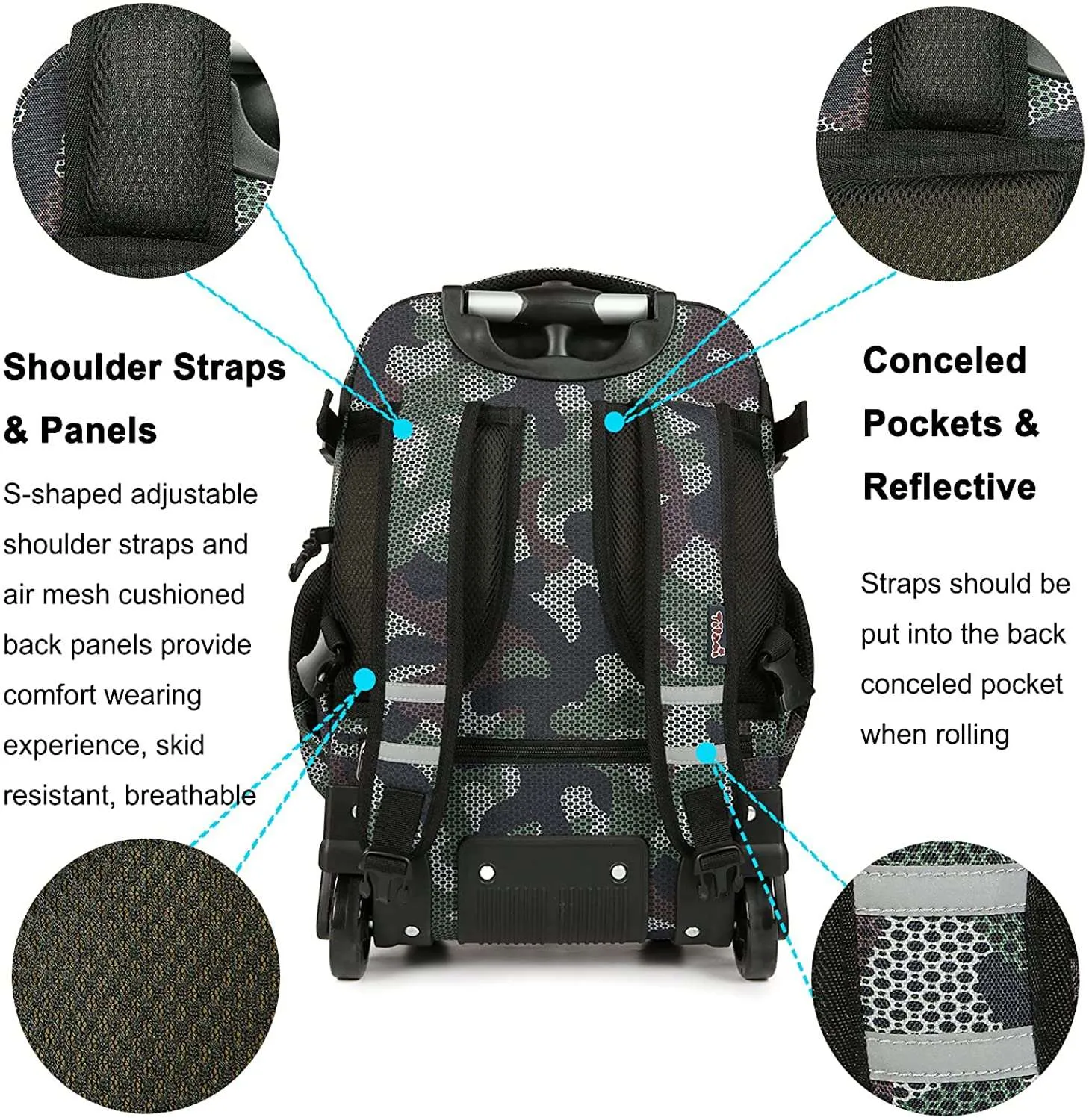 Tilami Green Wolf 18 inch Kids Rolling Backpack Laptop Backpack