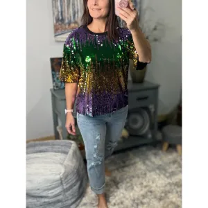 “Toulouse Top” Mardi Gras Sequined Ombre Short Sleeves Cropped Parade Purple Green Gold