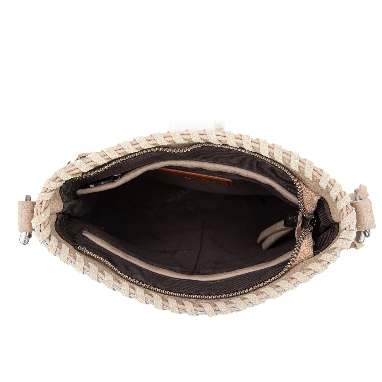 TR162G-2001   Trinity Ranch Hair-On Cowhide Fringe Concealed Carry Crossbody Bag -Tan