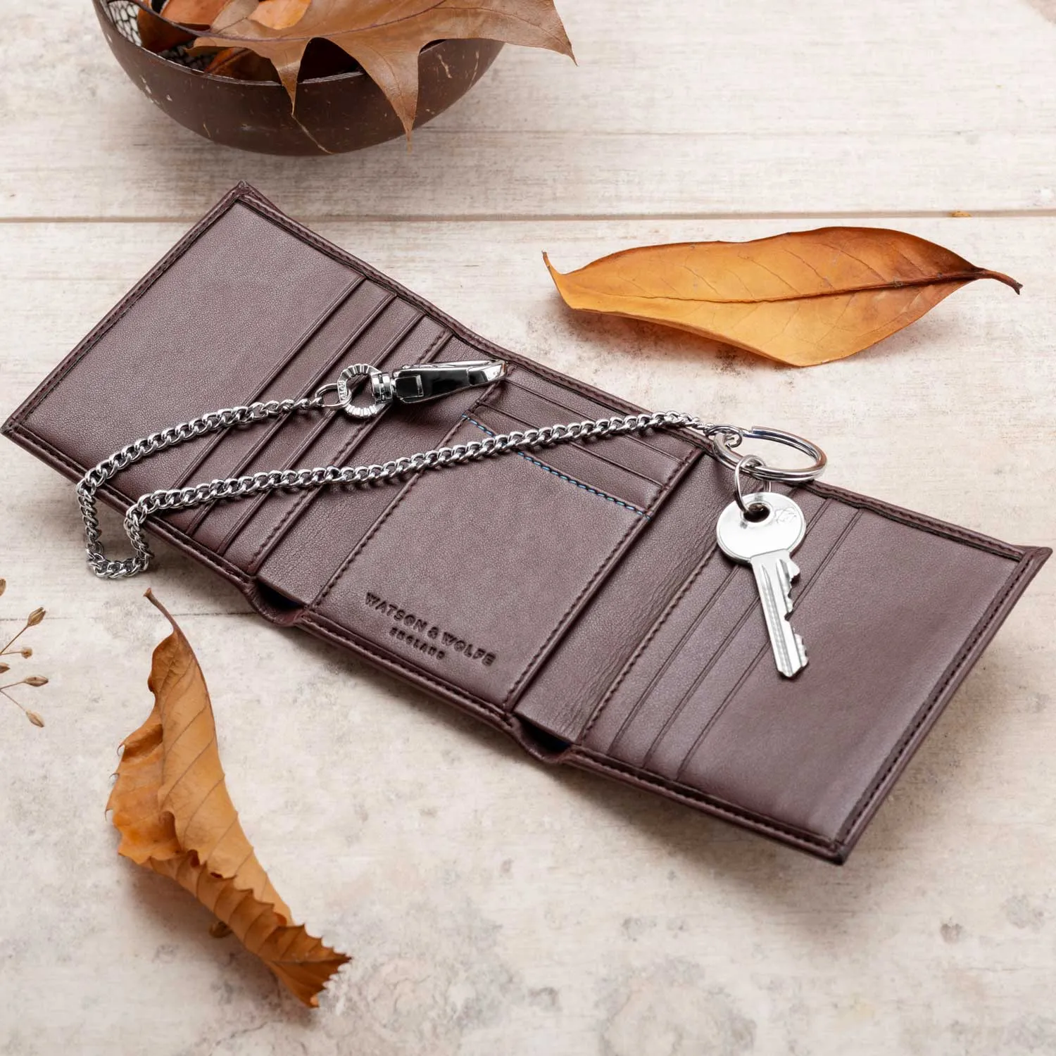 Trifold Vegan Leather RFID Protective Wallet for Key Belt Chain | Chestnut Brown