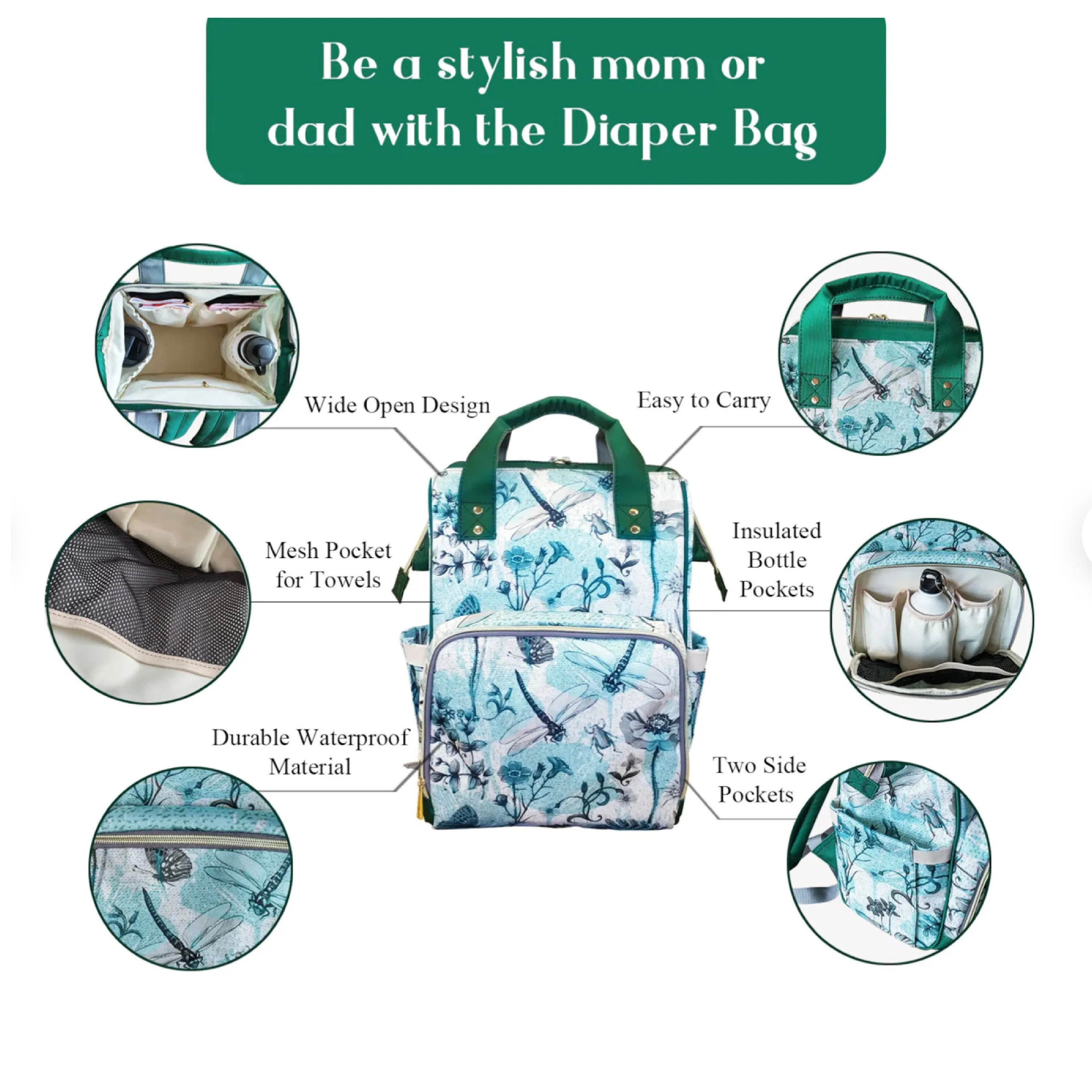 Tropical Tiger Green Diaper Bag Backpack, Baby Gift Diaper Bag Backpack, Nappy Bag Mummy Bag boho Personalized Baby Shower Gift