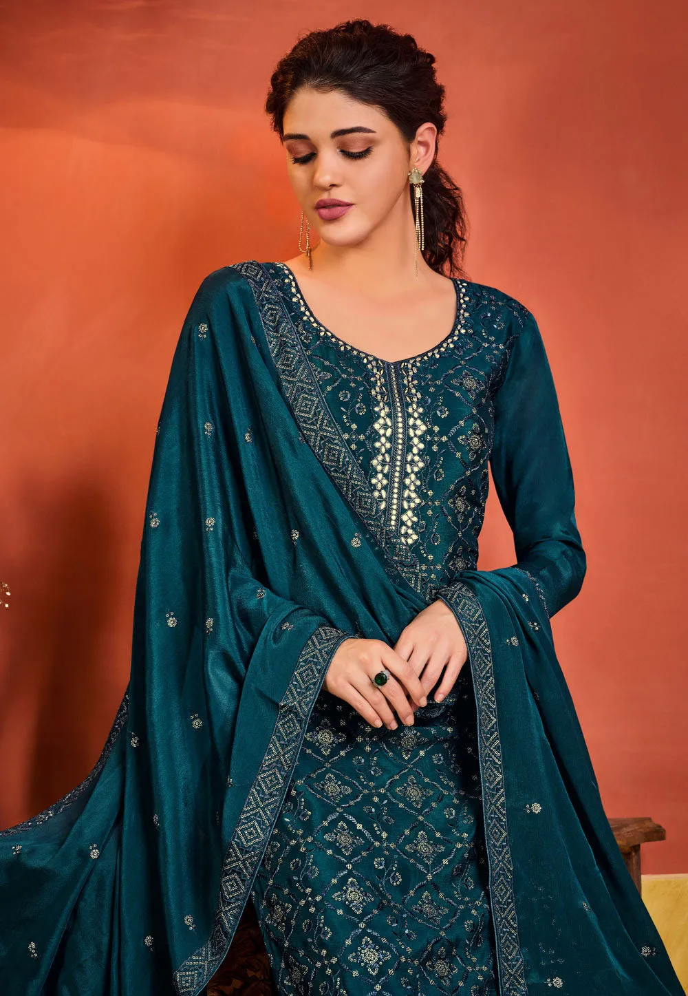 Turquoise Embroidered Pakistani Palazzo Suit