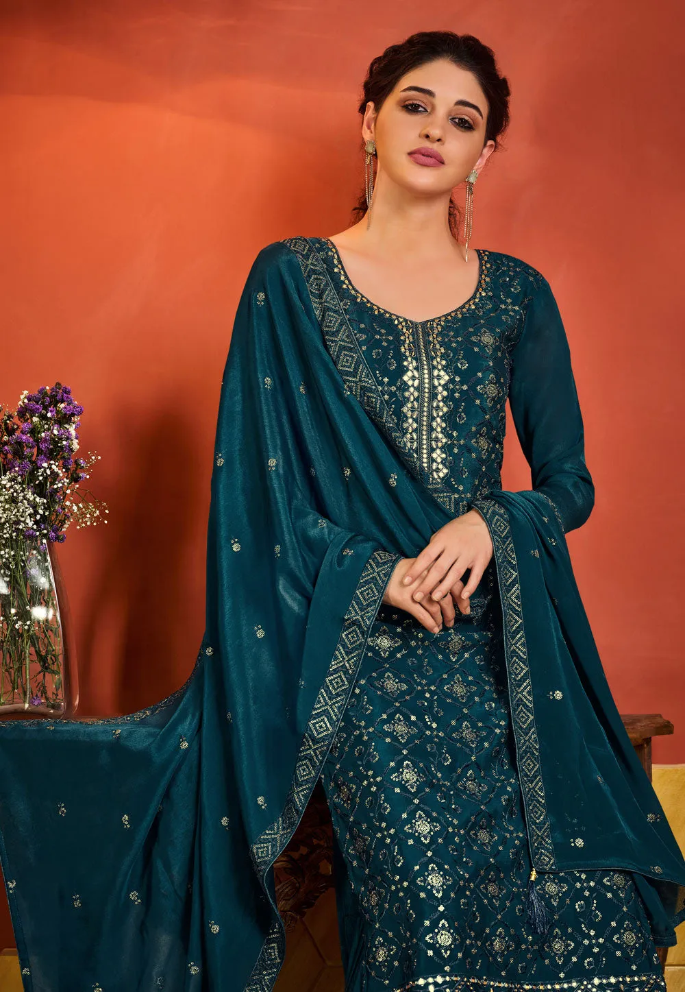 Turquoise Embroidered Pakistani Palazzo Suit