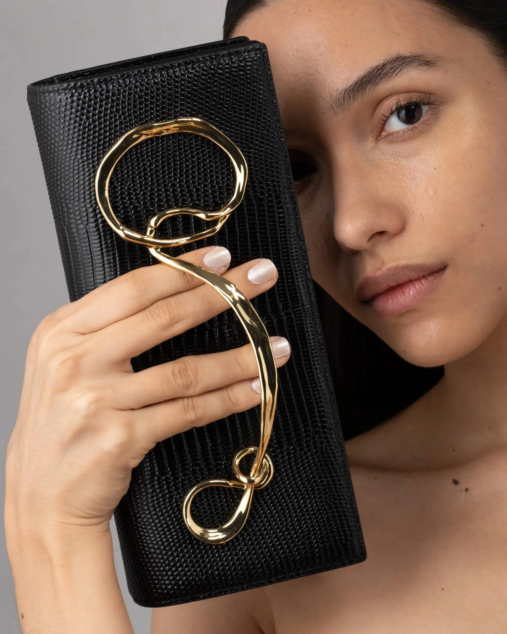 Twisted Gold Side Handle Clutch Purse - Black
