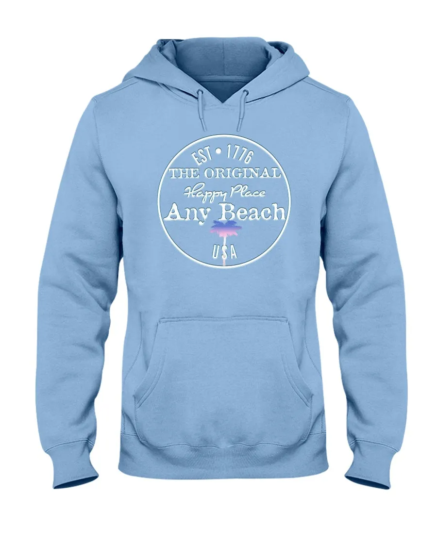Unisex Any Beach Is My Happy Place Faded Red White & Blue Palm Tree Hoodie