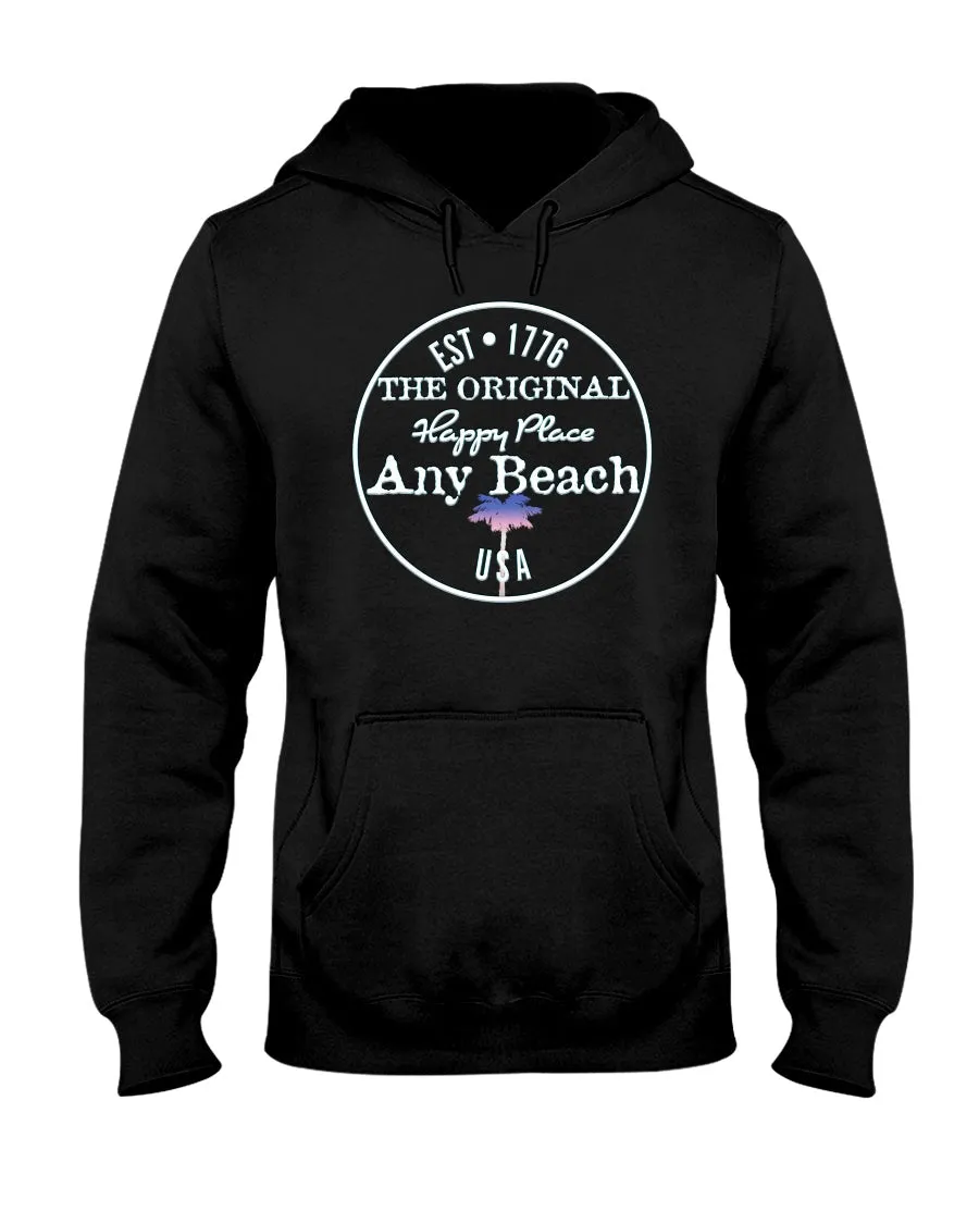 Unisex Any Beach Is My Happy Place Faded Red White & Blue Palm Tree Hoodie