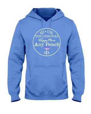 Unisex Any Beach Is My Happy Place Faded Red White & Blue Palm Tree Hoodie