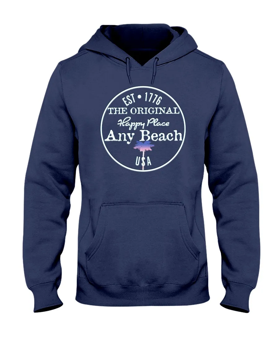 Unisex Any Beach Is My Happy Place Faded Red White & Blue Palm Tree Hoodie