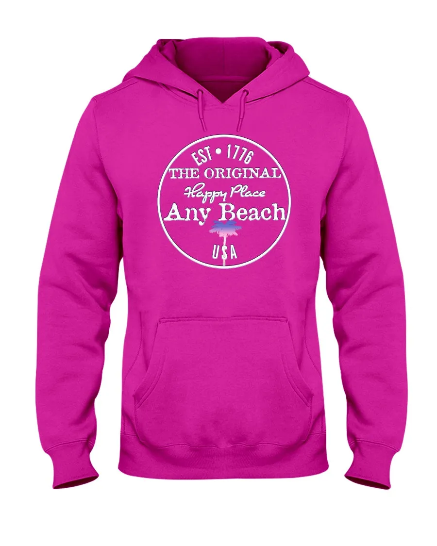 Unisex Any Beach Is My Happy Place Faded Red White & Blue Palm Tree Hoodie