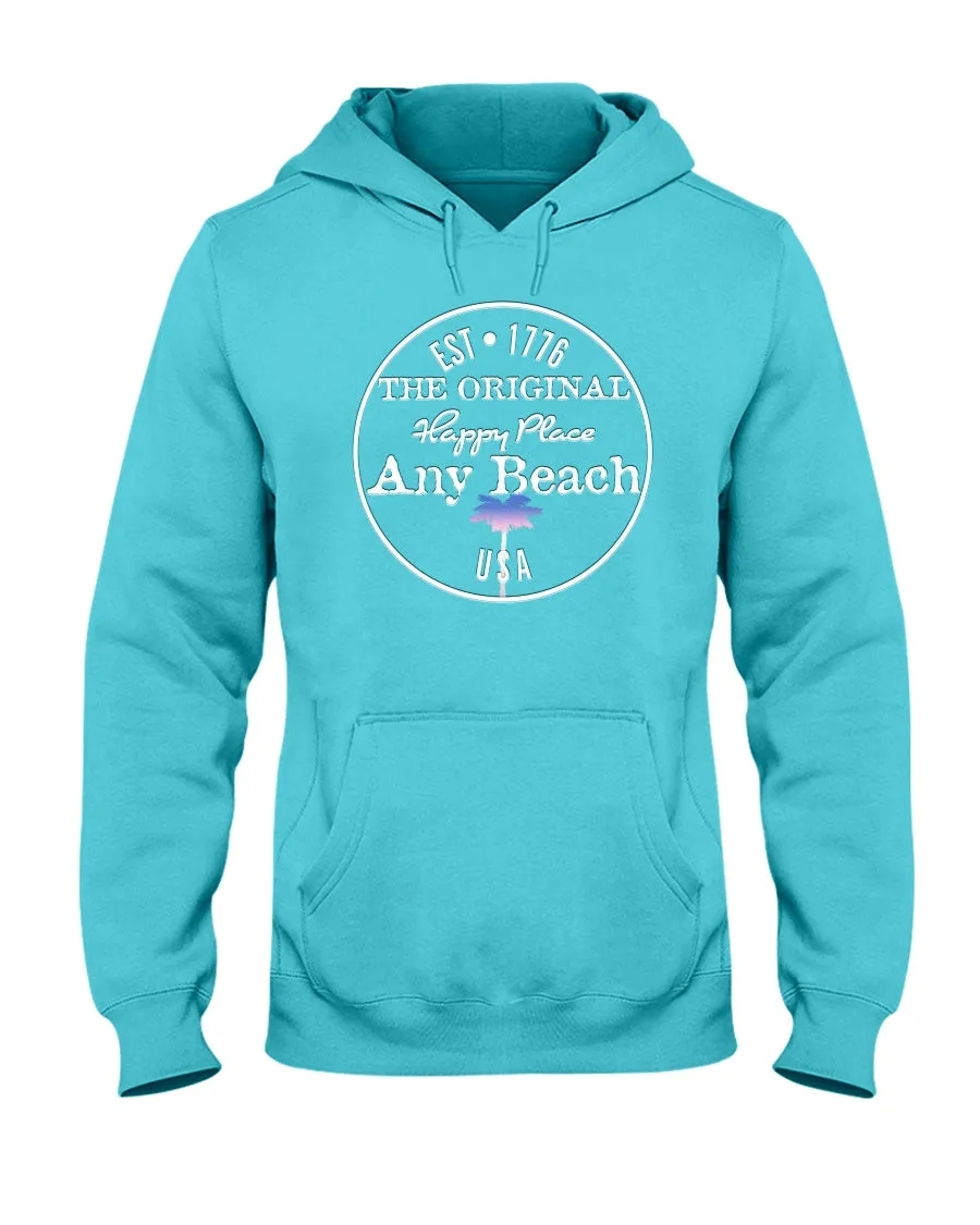 Unisex Any Beach Is My Happy Place Faded Red White & Blue Palm Tree Hoodie