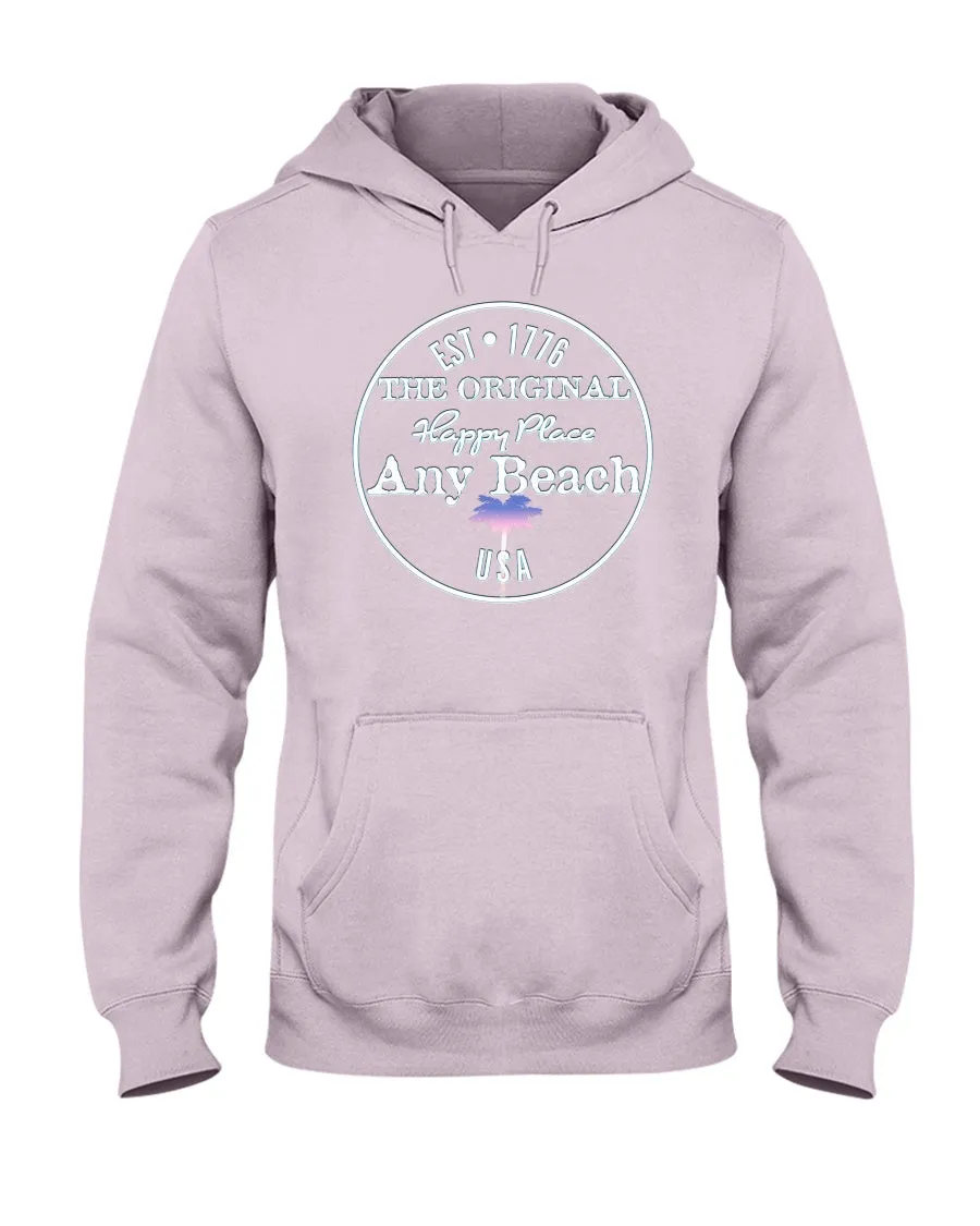 Unisex Any Beach Is My Happy Place Faded Red White & Blue Palm Tree Hoodie