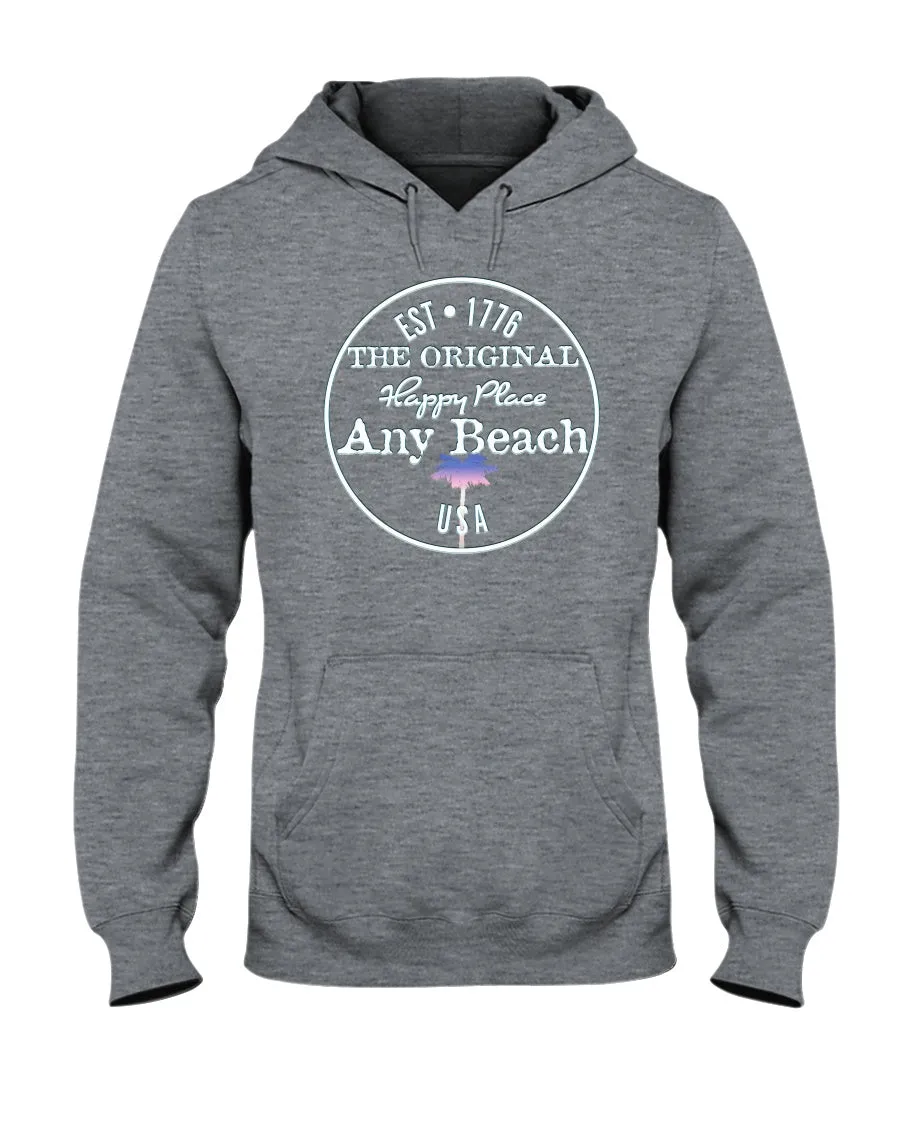 Unisex Any Beach Is My Happy Place Faded Red White & Blue Palm Tree Hoodie