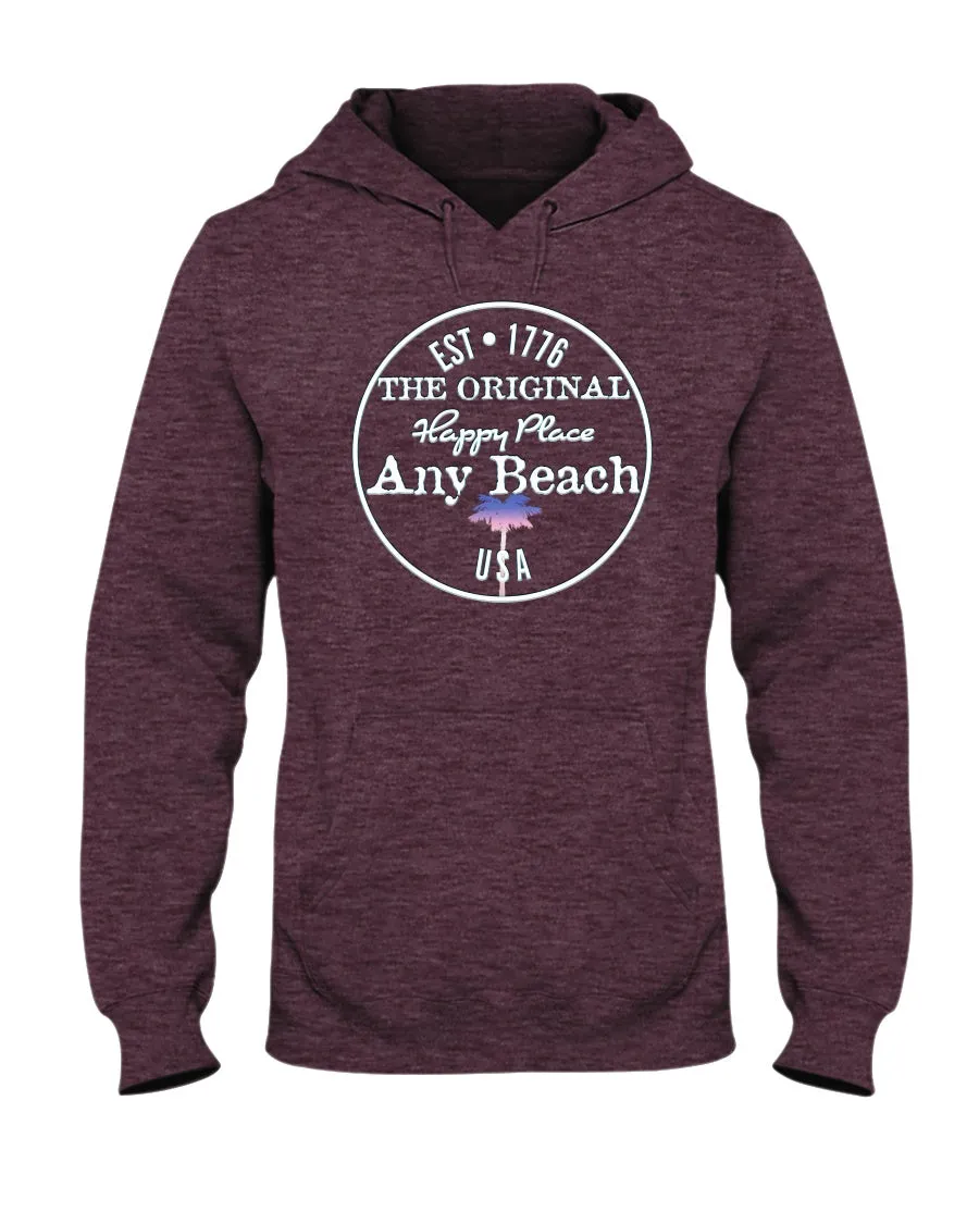 Unisex Any Beach Is My Happy Place Faded Red White & Blue Palm Tree Hoodie