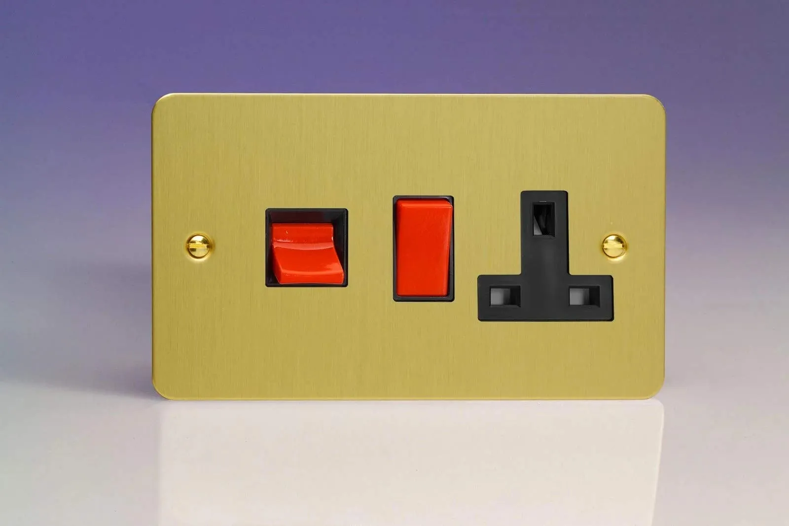 Varilight Ultra Flat Plate Brushed Brass 45A Cooker Switch & 13A Plug Socket Black Insert XFB45PB