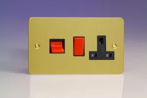 Varilight Ultra Flat Plate Brushed Brass 45A Cooker Switch & 13A Plug Socket Black Insert XFB45PB