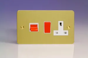 Varilight Ultra Flat Plate Brushed Brass 45A Cooker Switch & 13A Plug Socket White Insert XFB45PW
