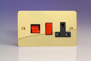 Varilight Ultra Flat Plate Polished Brass 45A Cooker Switch & 13A Plug Socket Black Insert XFV45PB