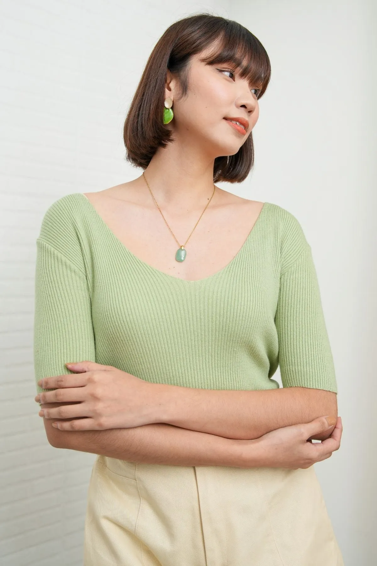 VEDA V-Neck Rib-Knit Top (Pistachio Green)