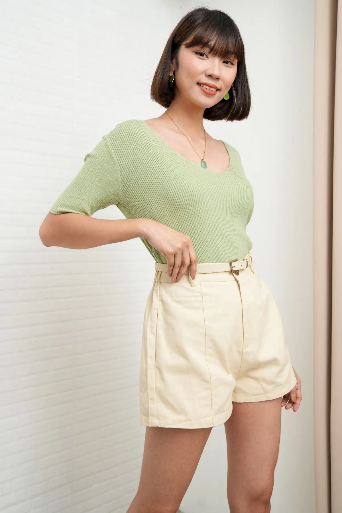 VEDA V-Neck Rib-Knit Top (Pistachio Green)