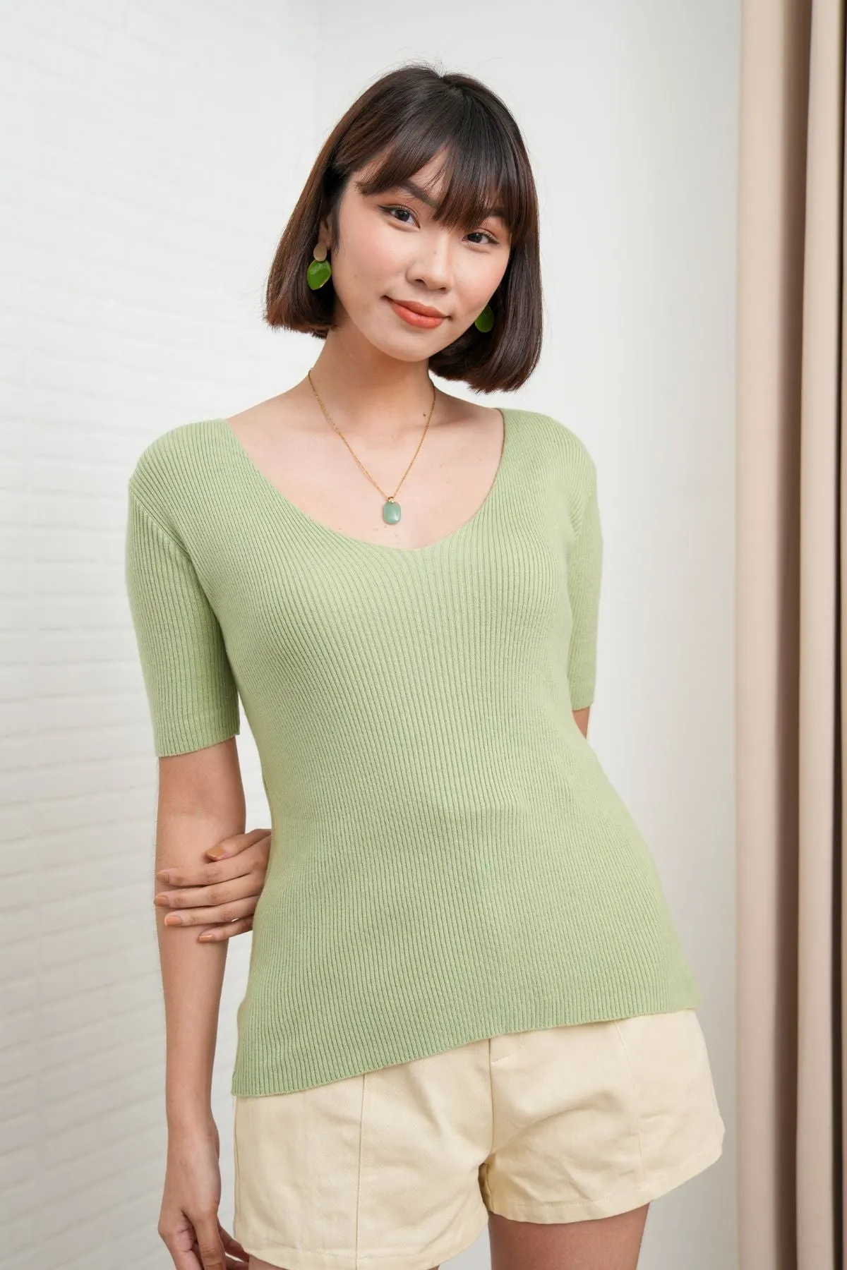 VEDA V-Neck Rib-Knit Top (Pistachio Green)