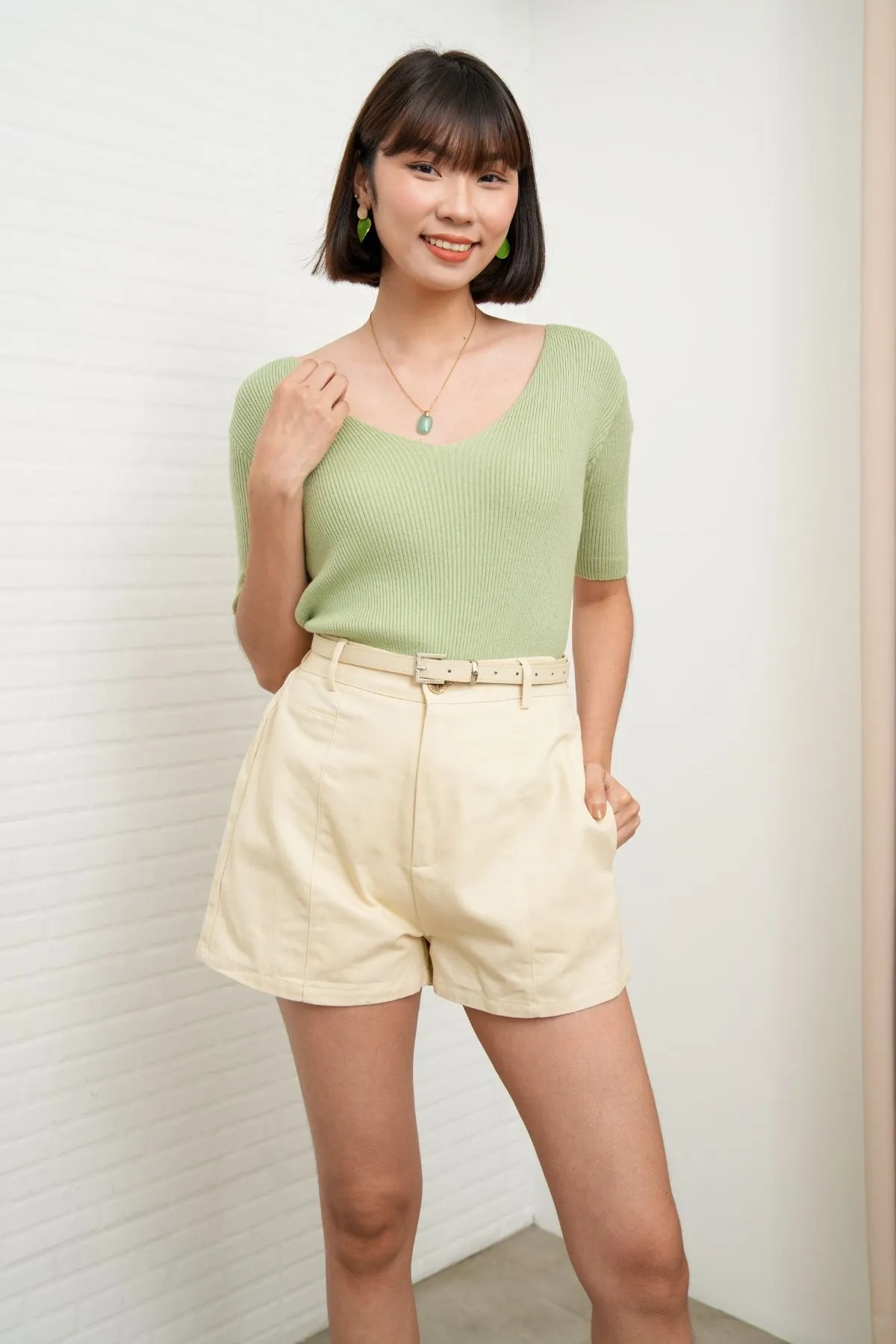 VEDA V-Neck Rib-Knit Top (Pistachio Green)