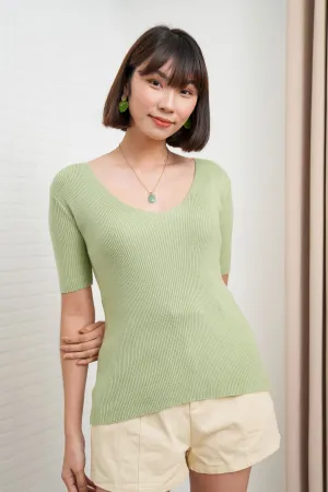 VEDA V-Neck Rib-Knit Top (Pistachio Green)