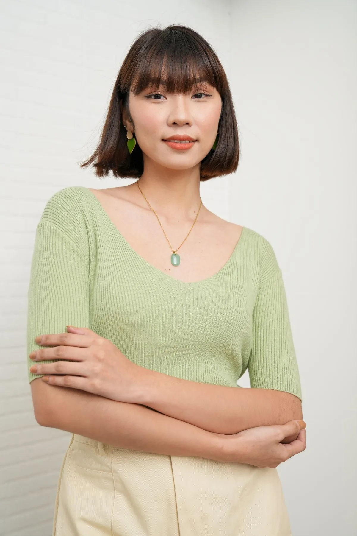 VEDA V-Neck Rib-Knit Top (Pistachio Green)