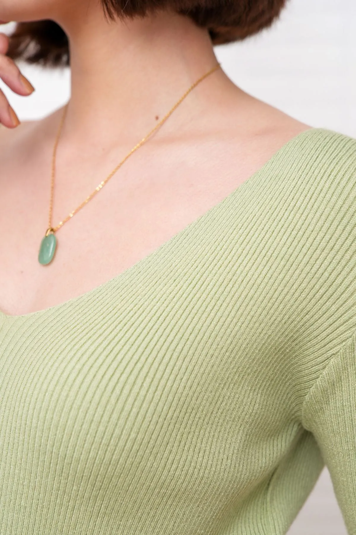 VEDA V-Neck Rib-Knit Top (Pistachio Green)